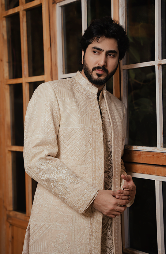 Ivory Embroidered Silk-Blend Achkan Sherwani (3-Piece) - Image 1