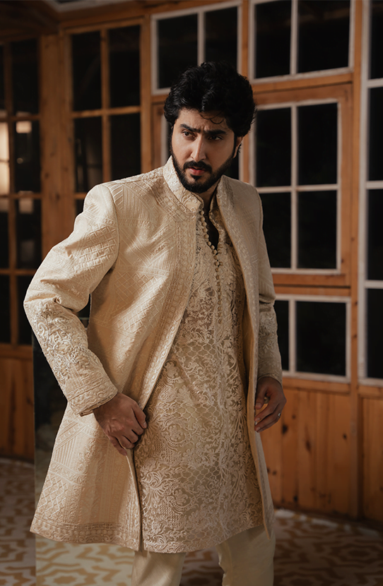 Ivory Embroidered Silk-Blend Achkan Sherwani (3-Piece) - Image 2