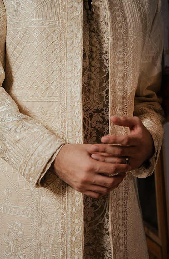 Ivory Embroidered Silk-Blend Achkan Sherwani (3-Piece) - Image 3