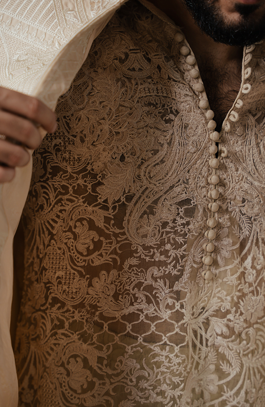 Ivory Embroidered Silk-Blend Achkan Sherwani (3-Piece) - Image 4