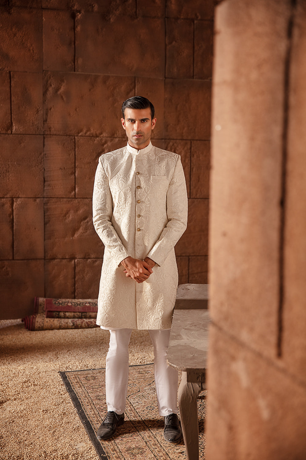 Ivory Self-Embroidered Jacquard Achkan Sherwani (2-Piece) - Image 1