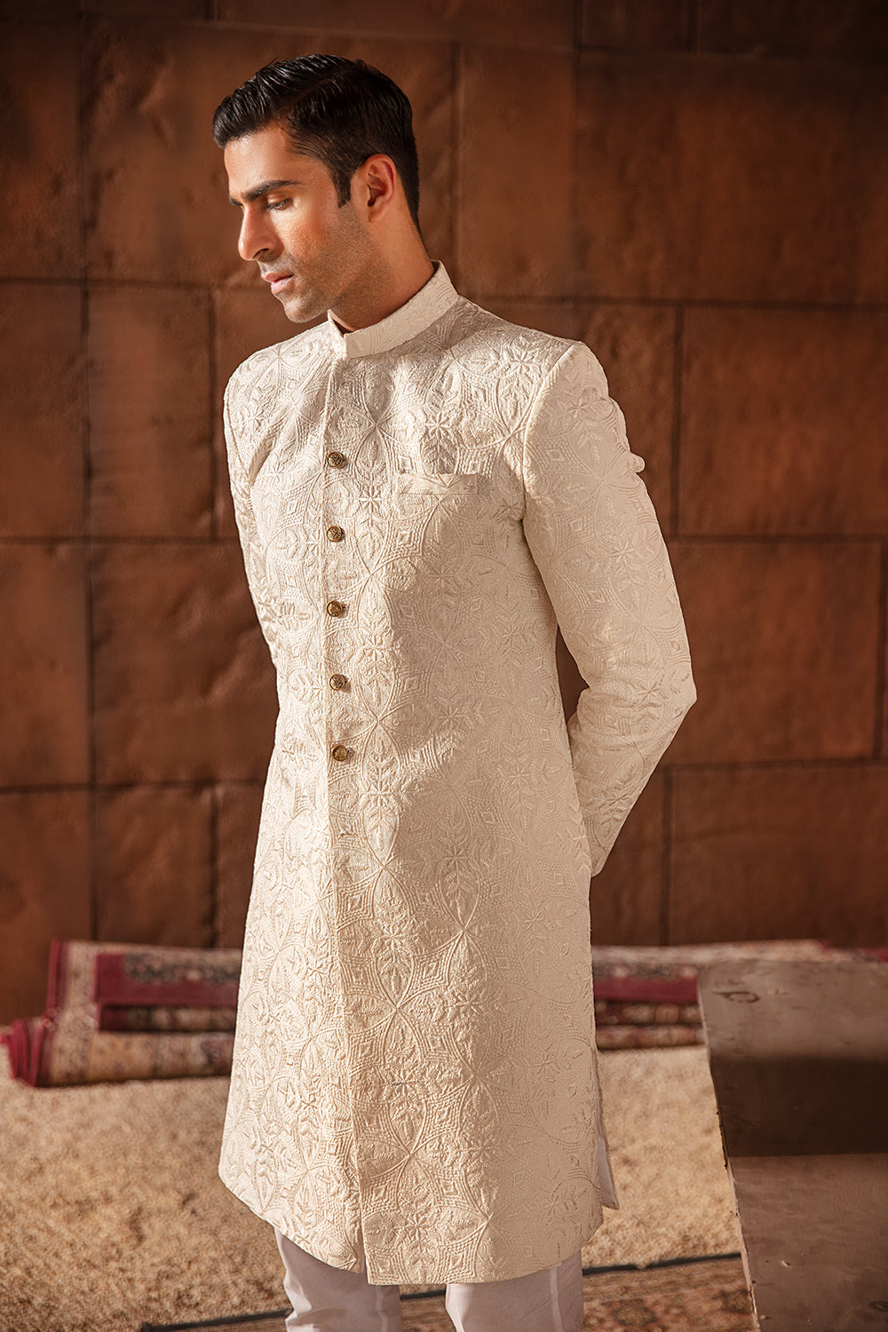 Ivory Self-Embroidered Jacquard Achkan Sherwani (2-Piece) - Image 2