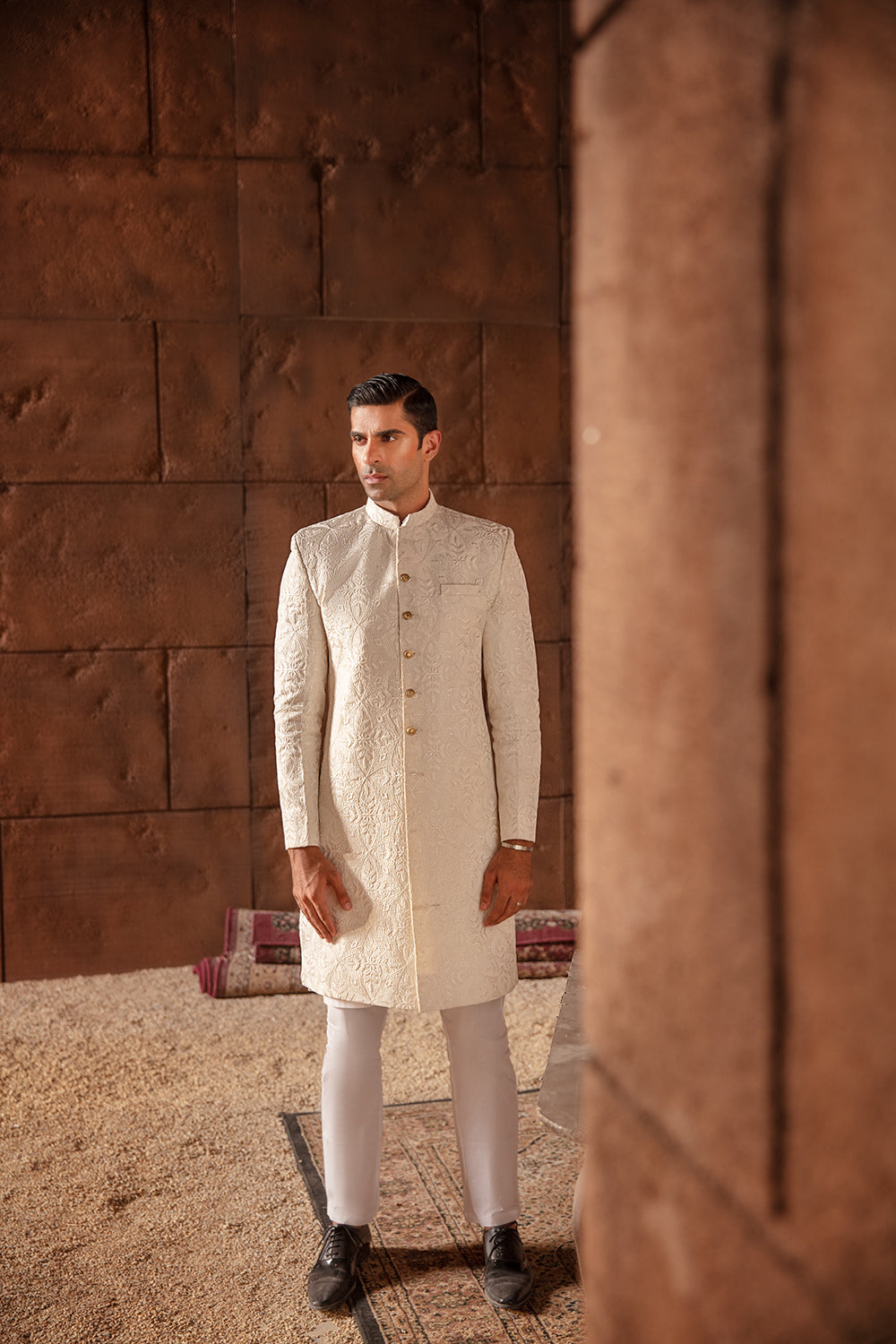 Ivory Self-Embroidered Jacquard Achkan Sherwani (2-Piece) - Image 3