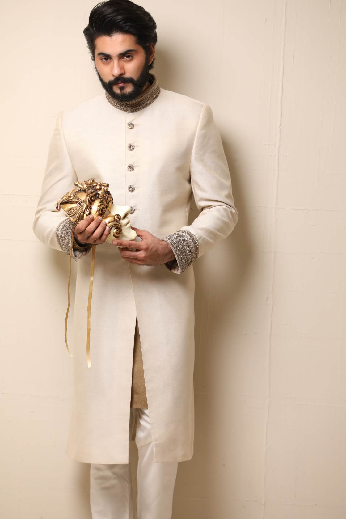 Off-White Embroidered Silk-Blend Achkan Sherwani (3-Piece) - Image 1