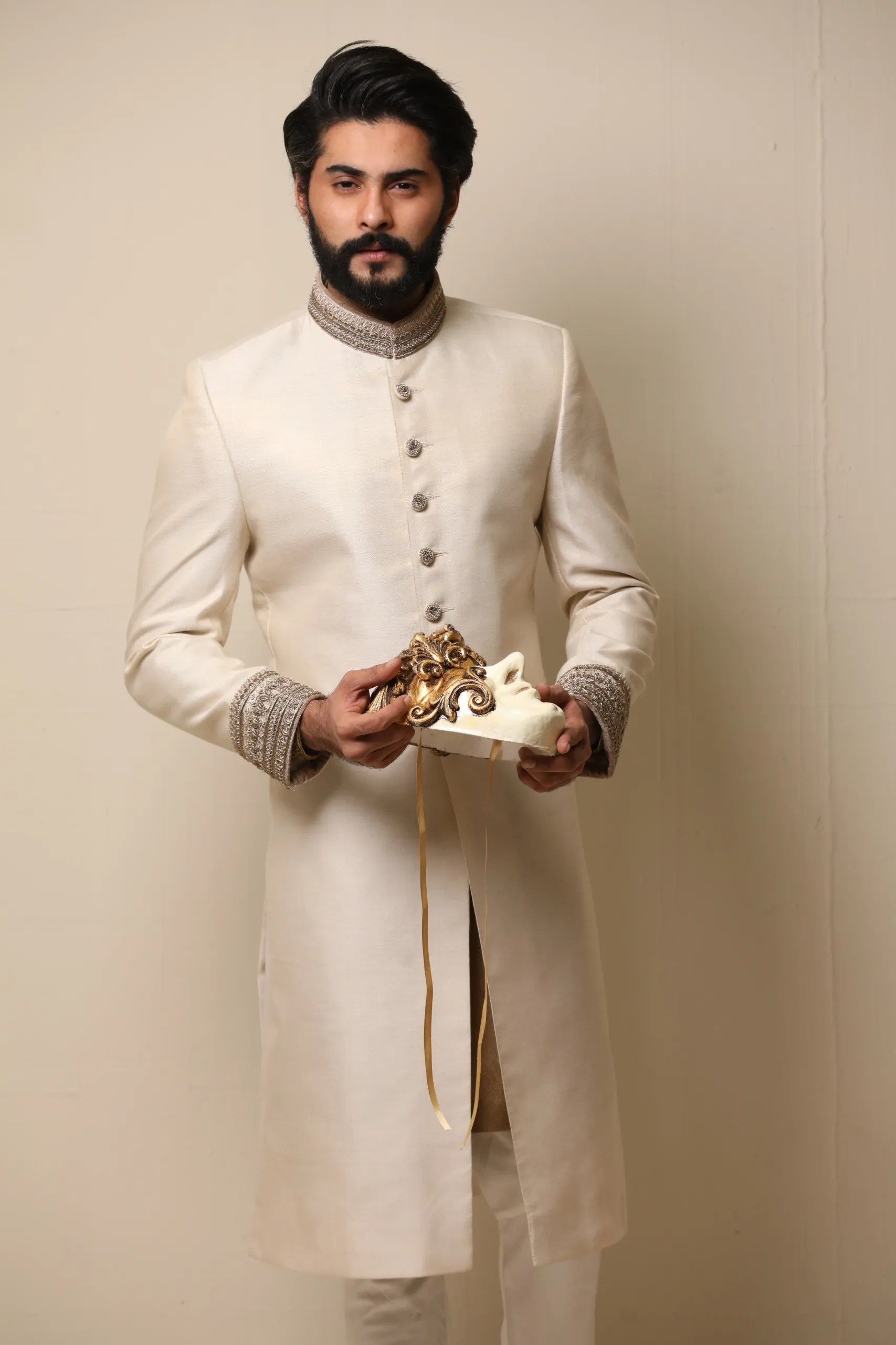 Off-White Embroidered Silk-Blend Achkan Sherwani (3-Piece) - Image 2