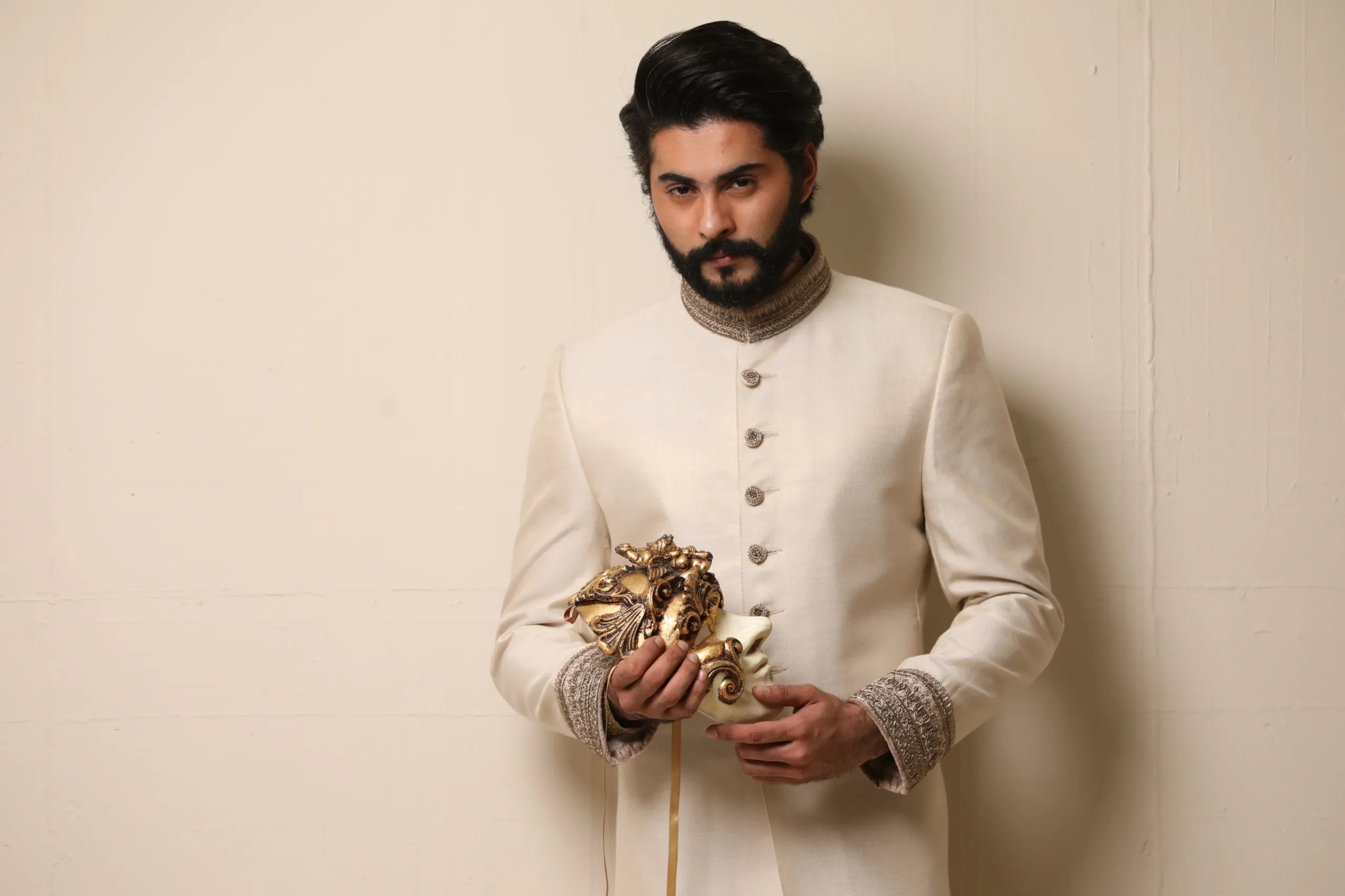 Off-White Embroidered Silk-Blend Achkan Sherwani (3-Piece) - Image 3