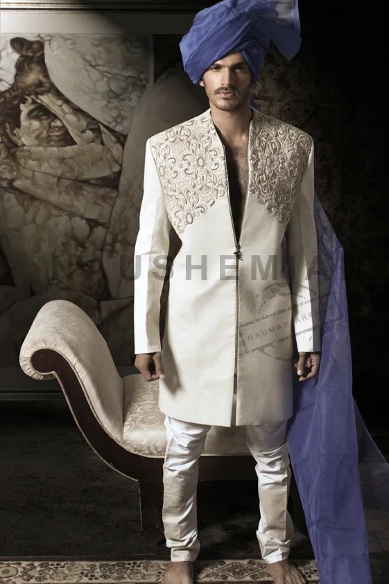 Off-White Embroidered Silk-Blend Sherwani (2-Piece) - Image 1