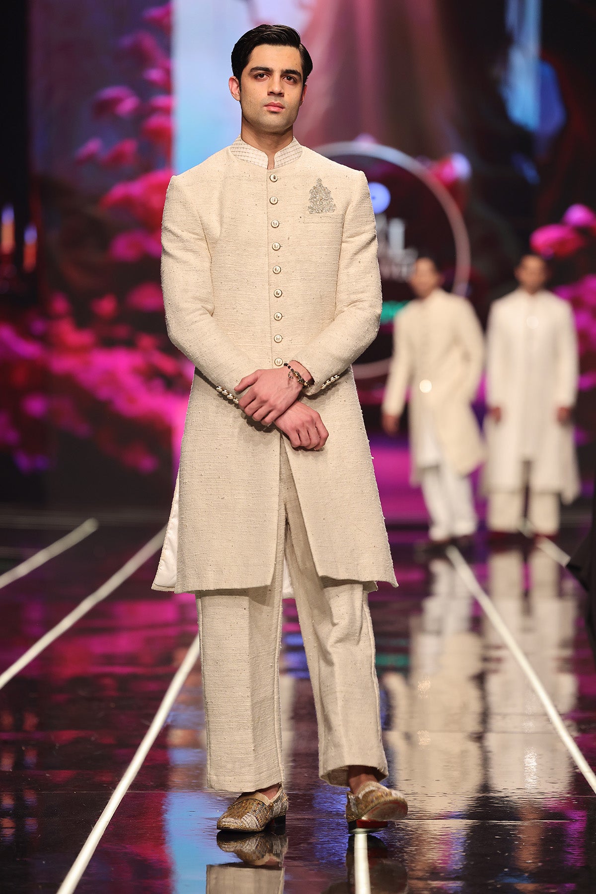 Ivory Textured Silk-Blend Achkan Sherwani (2-Piece) - Image 1