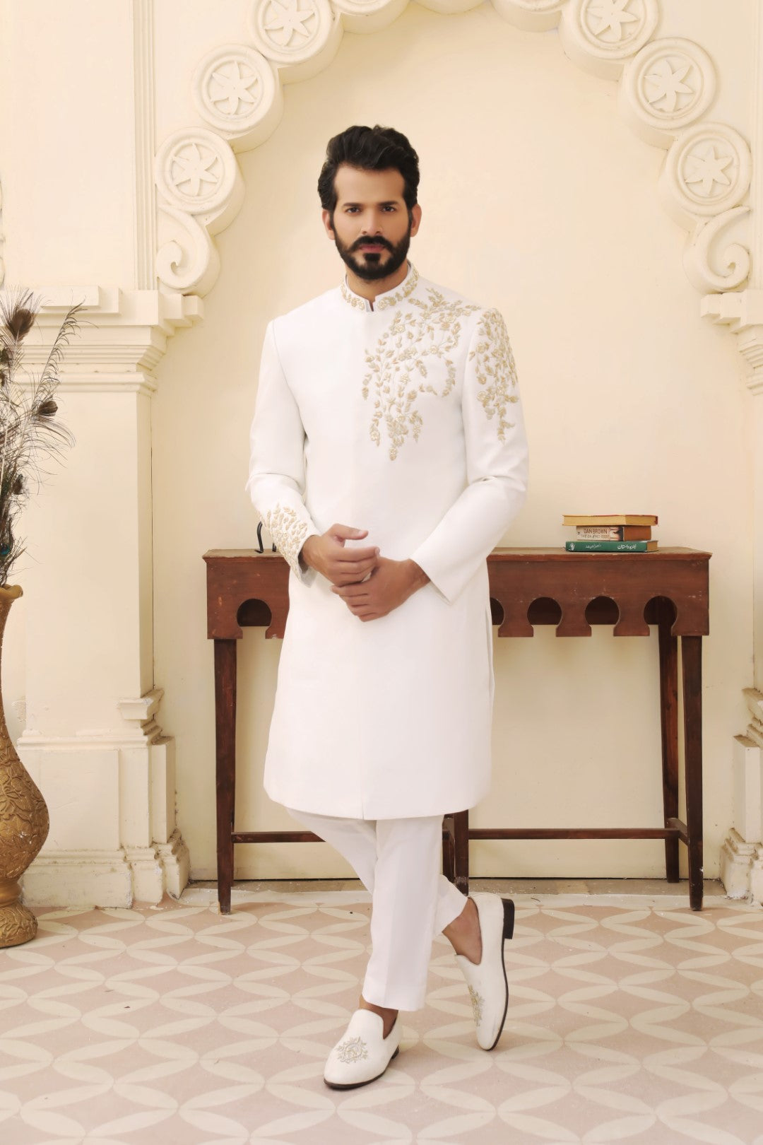 Ivory White Embroidered Silk Sherwani (3-Piece) - Image 1