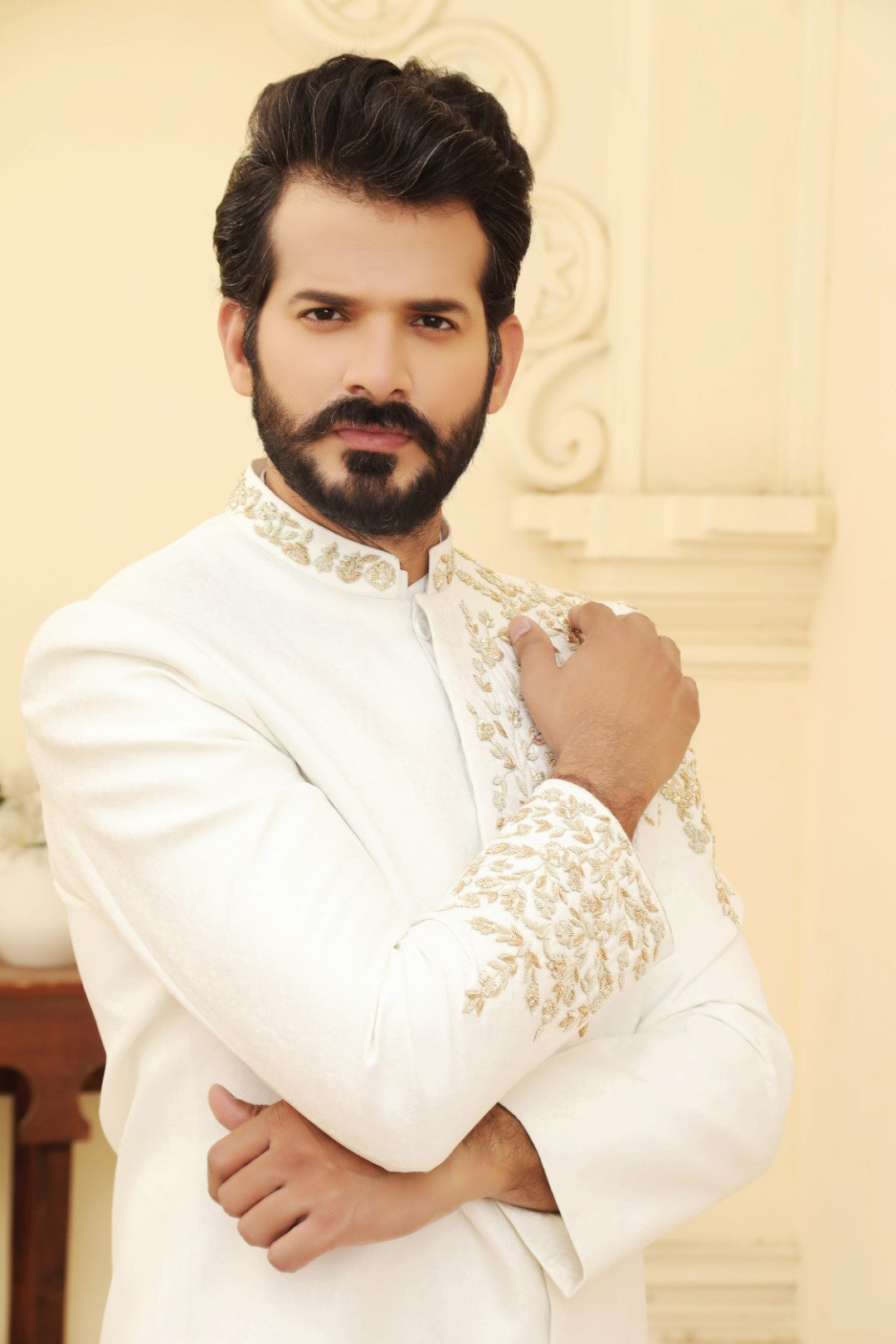 Ivory White Embroidered Silk Sherwani (3-Piece) - Image 2