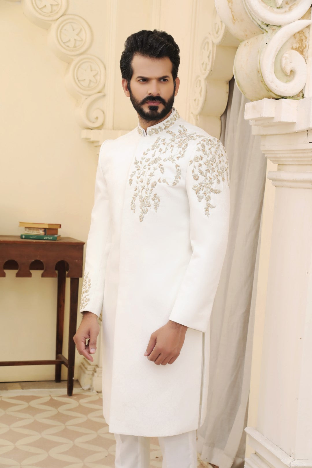 Ivory White Embroidered Silk Sherwani (3-Piece) - Image 3