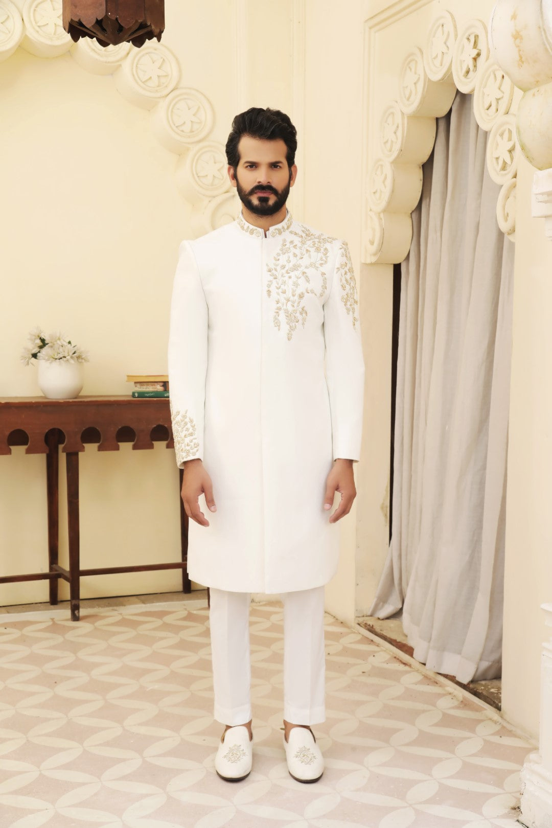 Ivory White Embroidered Silk Sherwani (3-Piece) - Image 4