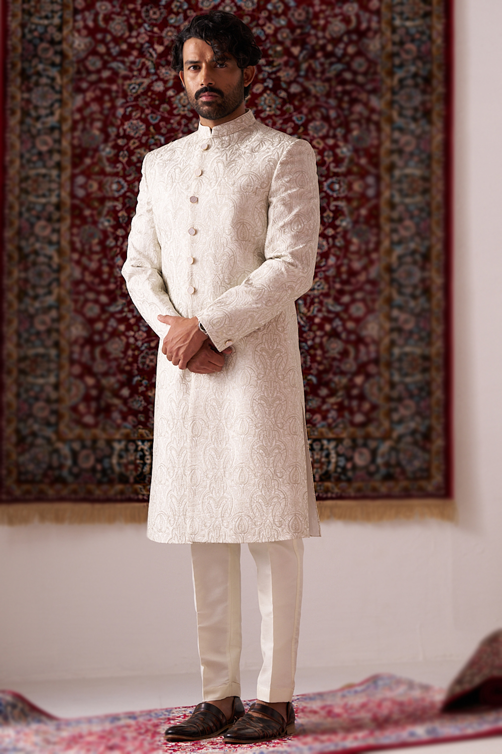 Off White Resham & Sequins Silk Achkan Sherwani (2-Piece) - Image 1