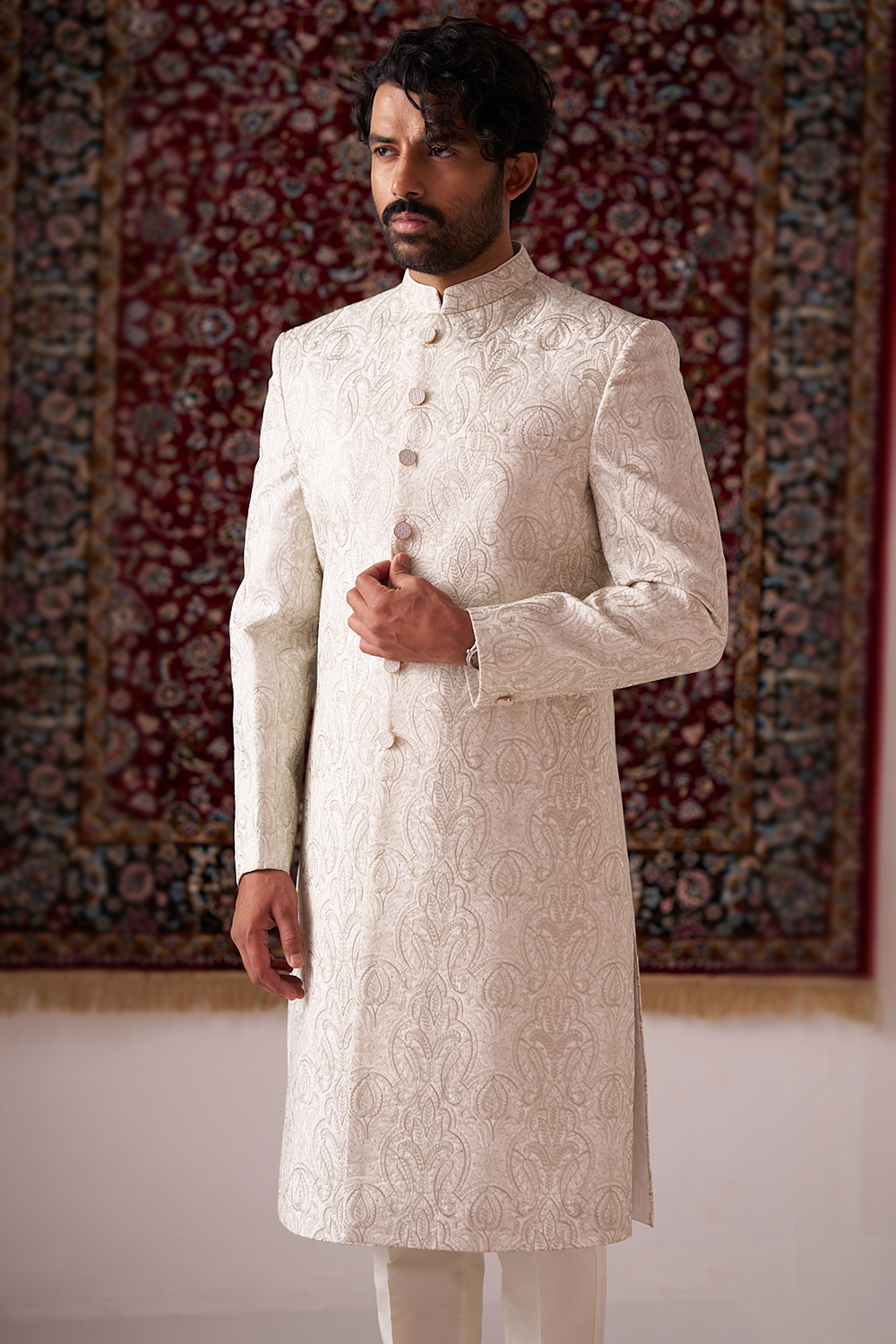 Off White Resham & Sequins Silk Achkan Sherwani (2-Piece) - Image 2