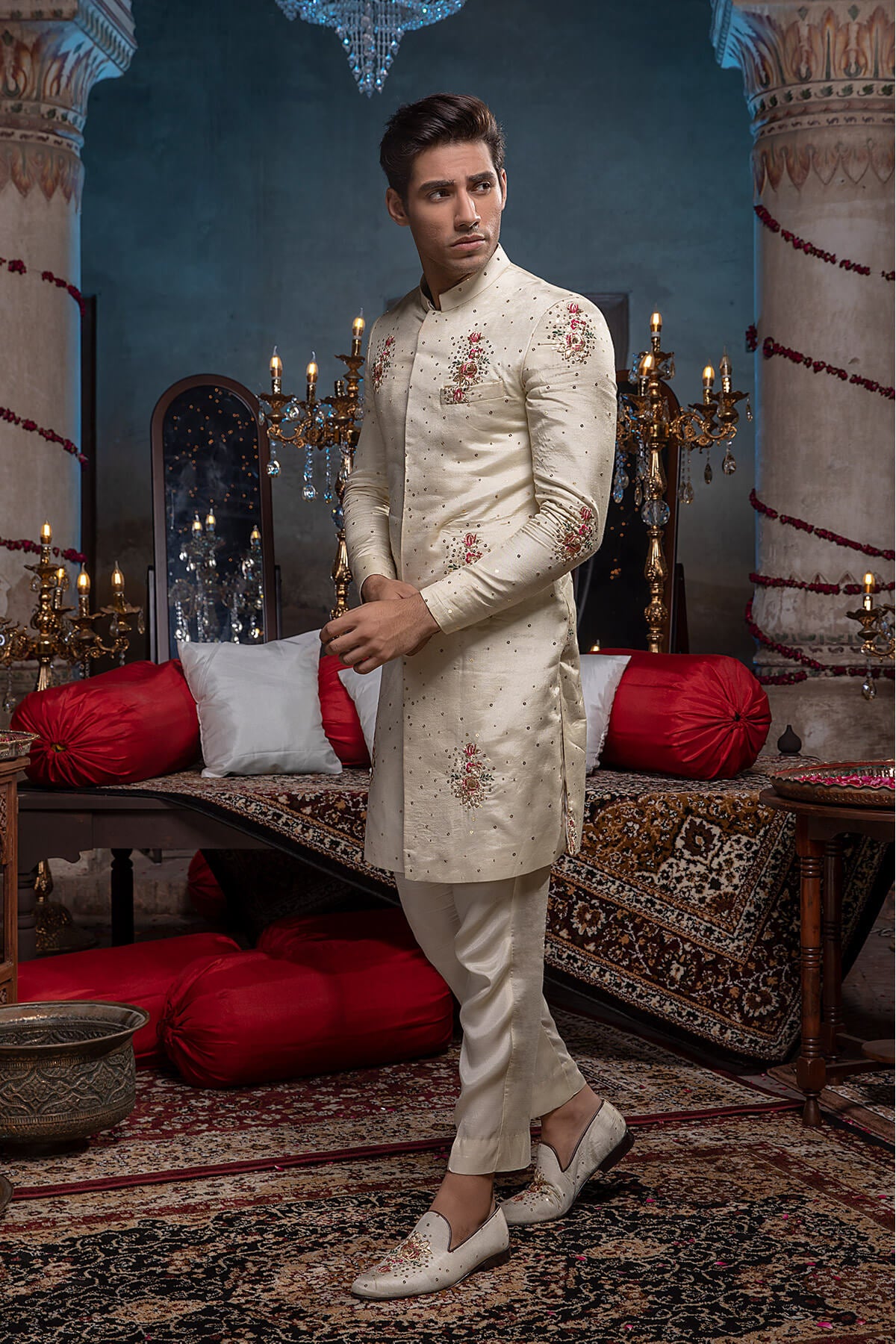 Ivory Tilla Resham Silk Sherwani (2-Piece) - Image 1