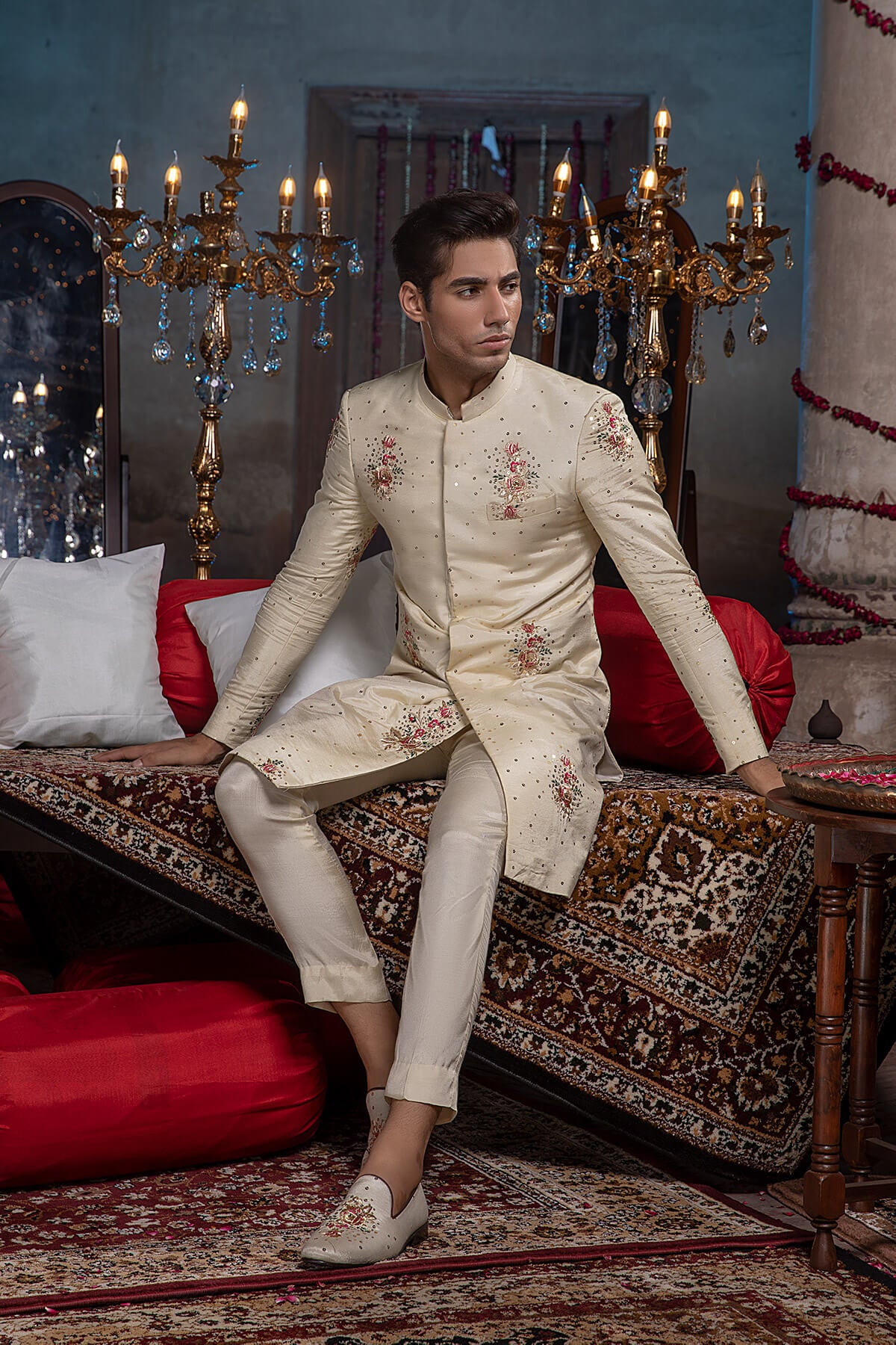 Ivory Tilla Resham Silk Sherwani (2-Piece) - Image 3
