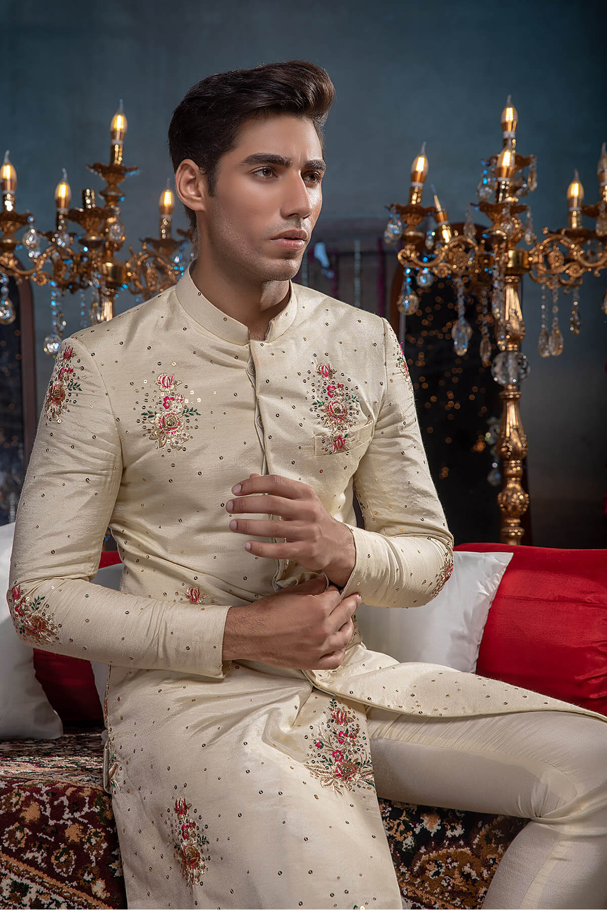 Ivory Tilla Resham Silk Sherwani (2-Piece) - Image 4