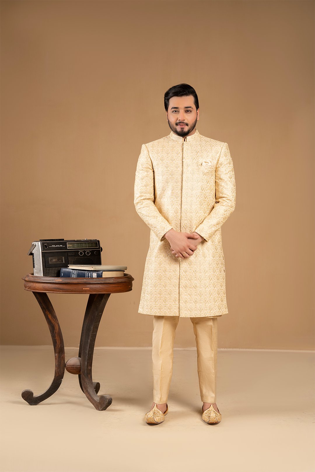 Ivory Gold Embroidered Silk Achkan Sherwani (2-Piece) - Image 1