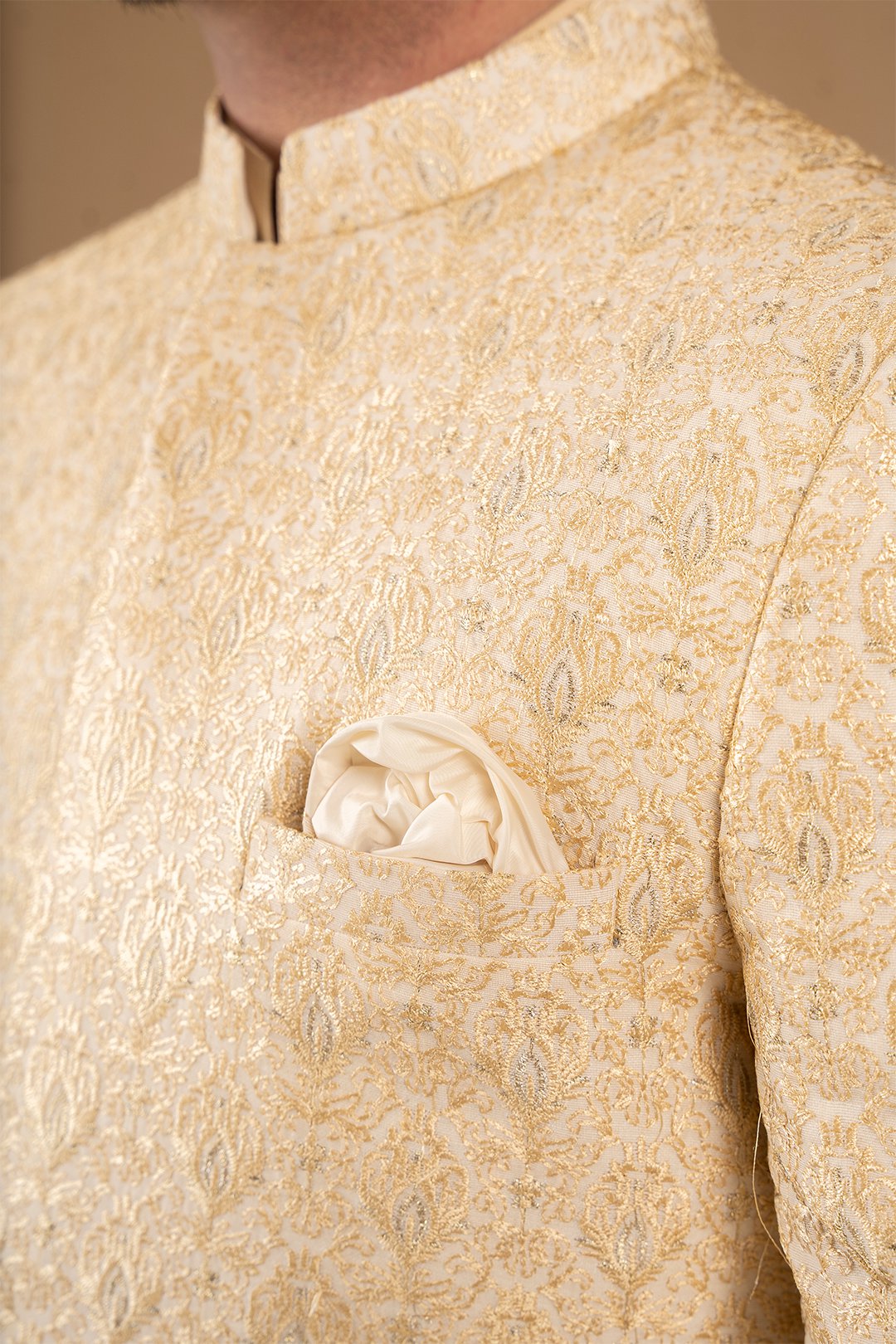 Ivory Gold Embroidered Silk Achkan Sherwani (2-Piece) - Image 2