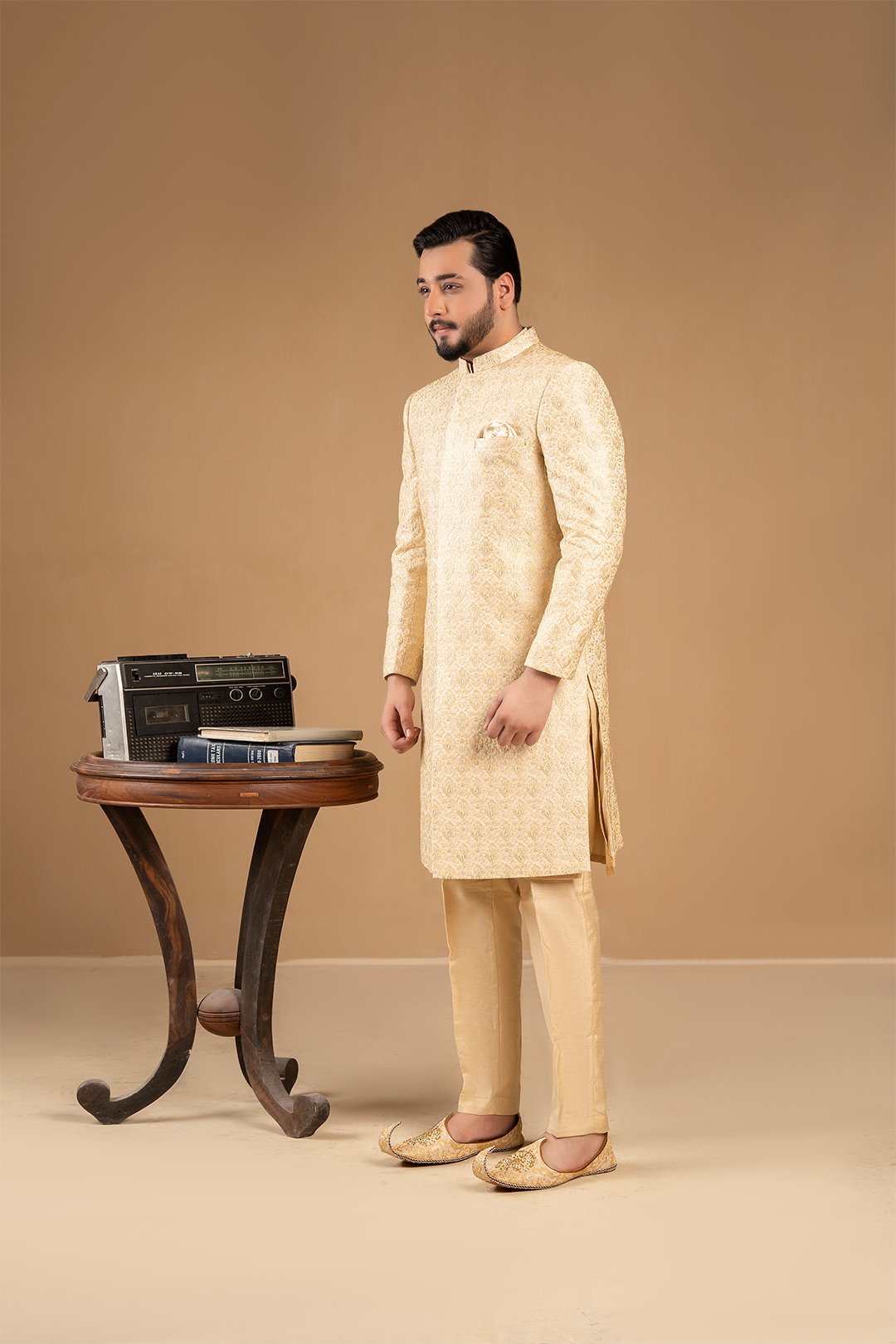 Ivory Gold Embroidered Silk Achkan Sherwani (2-Piece) - Image 3