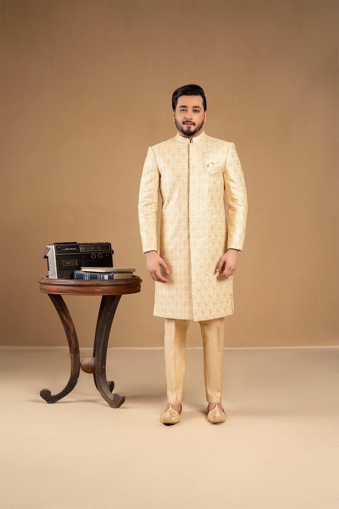Ivory Gold Embroidered Silk Achkan Sherwani (2-Piece) - Image 4