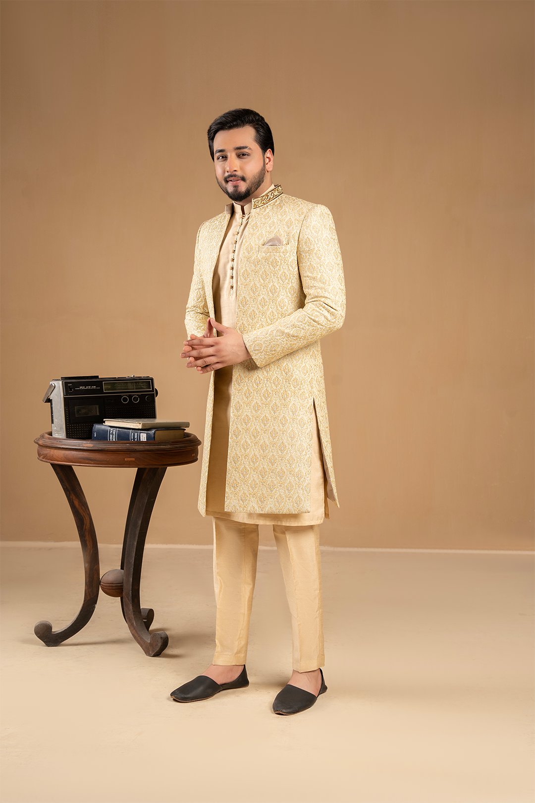 Ivory Gold Embroidered Silk Achkan Sherwani (2-Piece) - Image 1