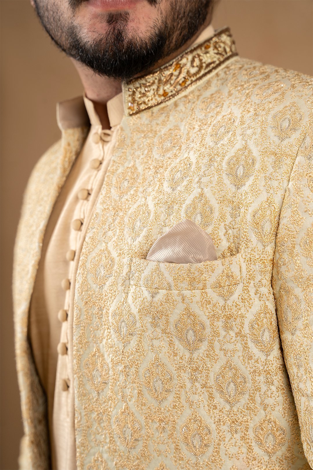 Ivory Gold Embroidered Silk Achkan Sherwani (2-Piece) - Image 2