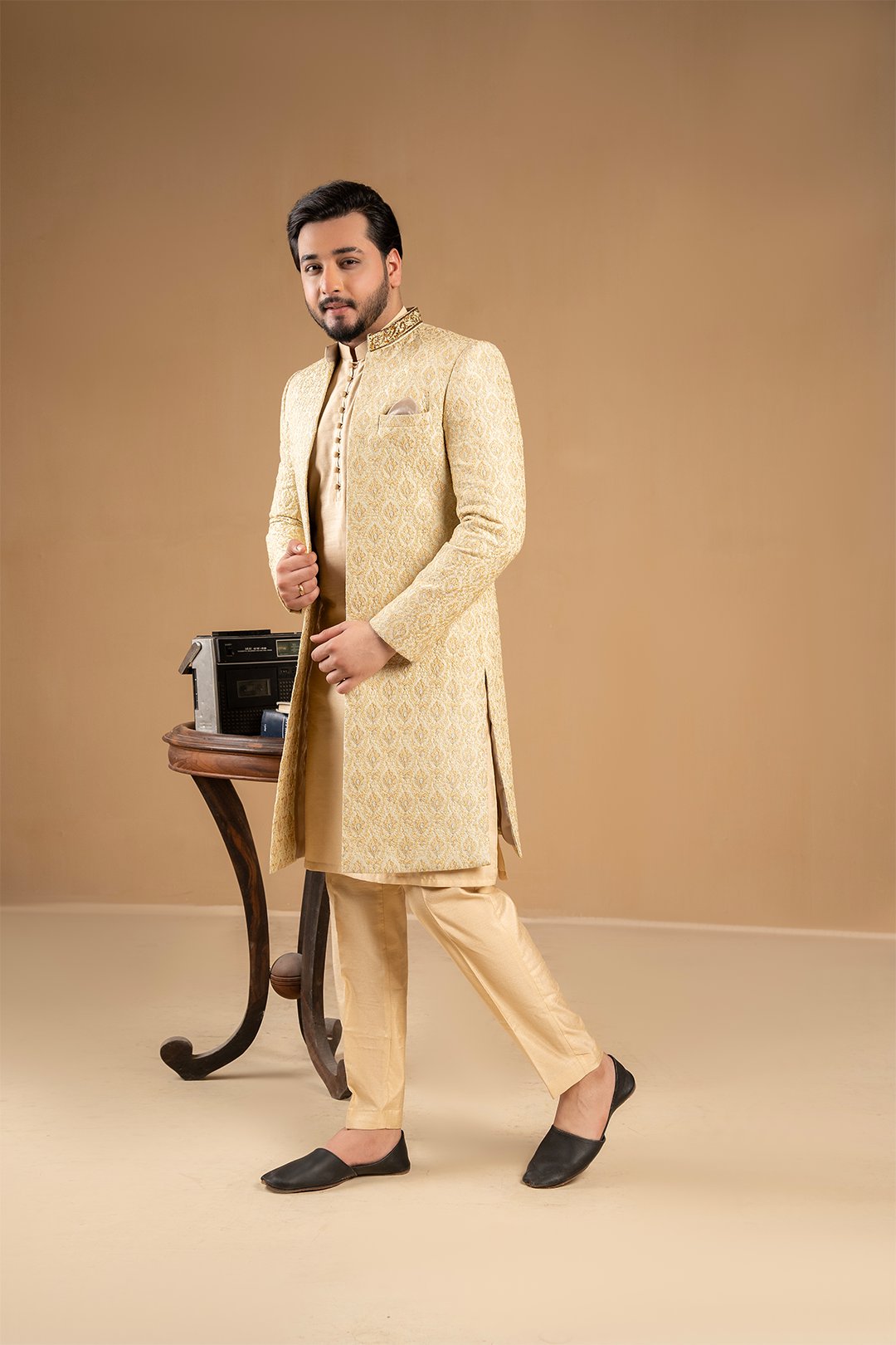 Ivory Gold Embroidered Silk Achkan Sherwani (2-Piece) - Image 3