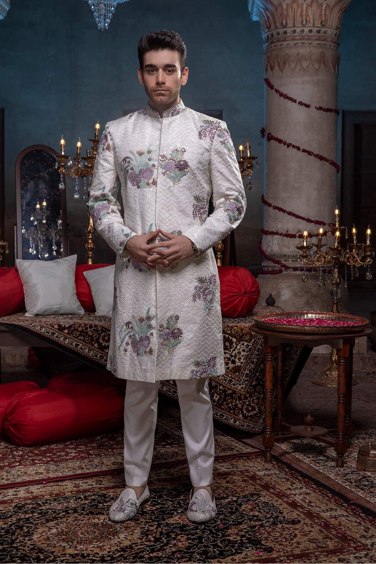 Ivory Tilla & Resham Silk Sherwani (2-Piece) - Image 1