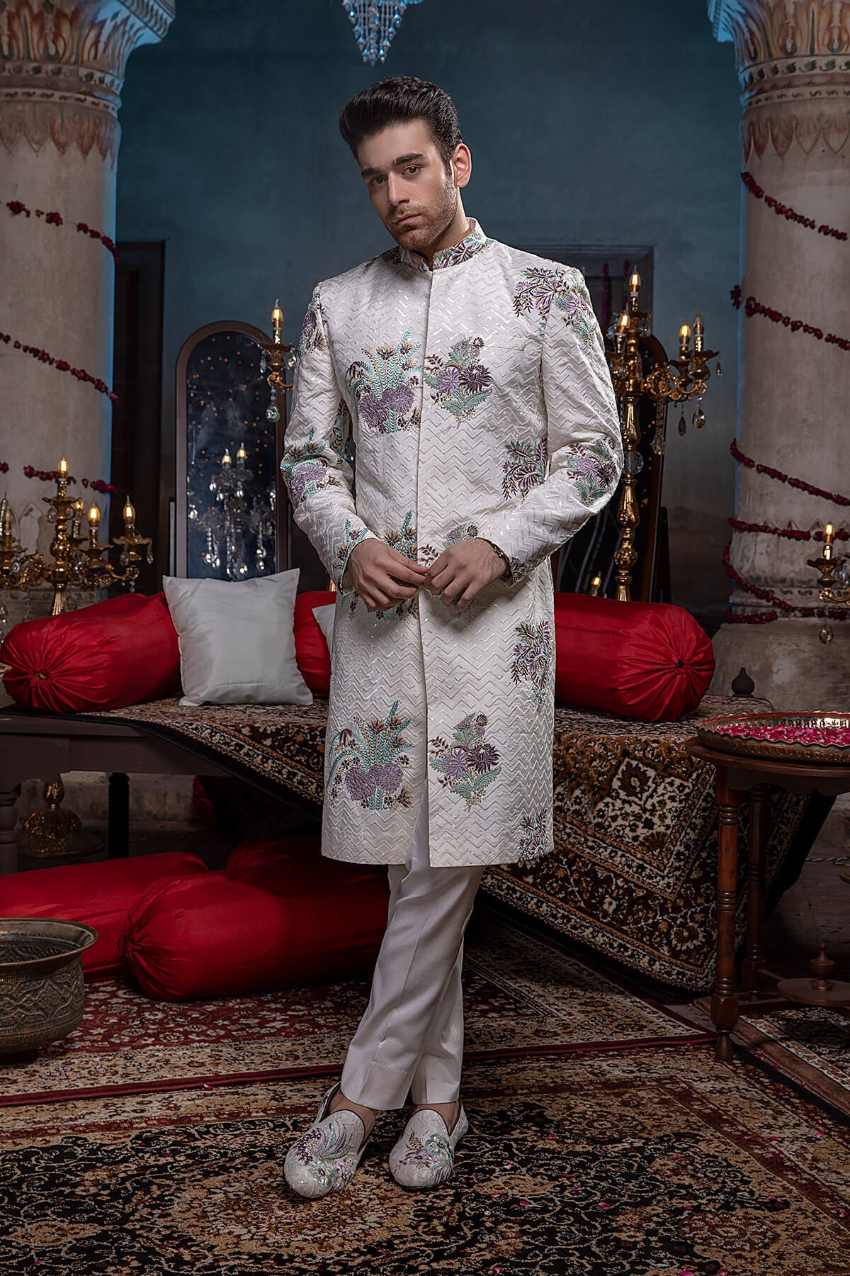 Ivory Tilla & Resham Silk Sherwani (2-Piece) - Image 2