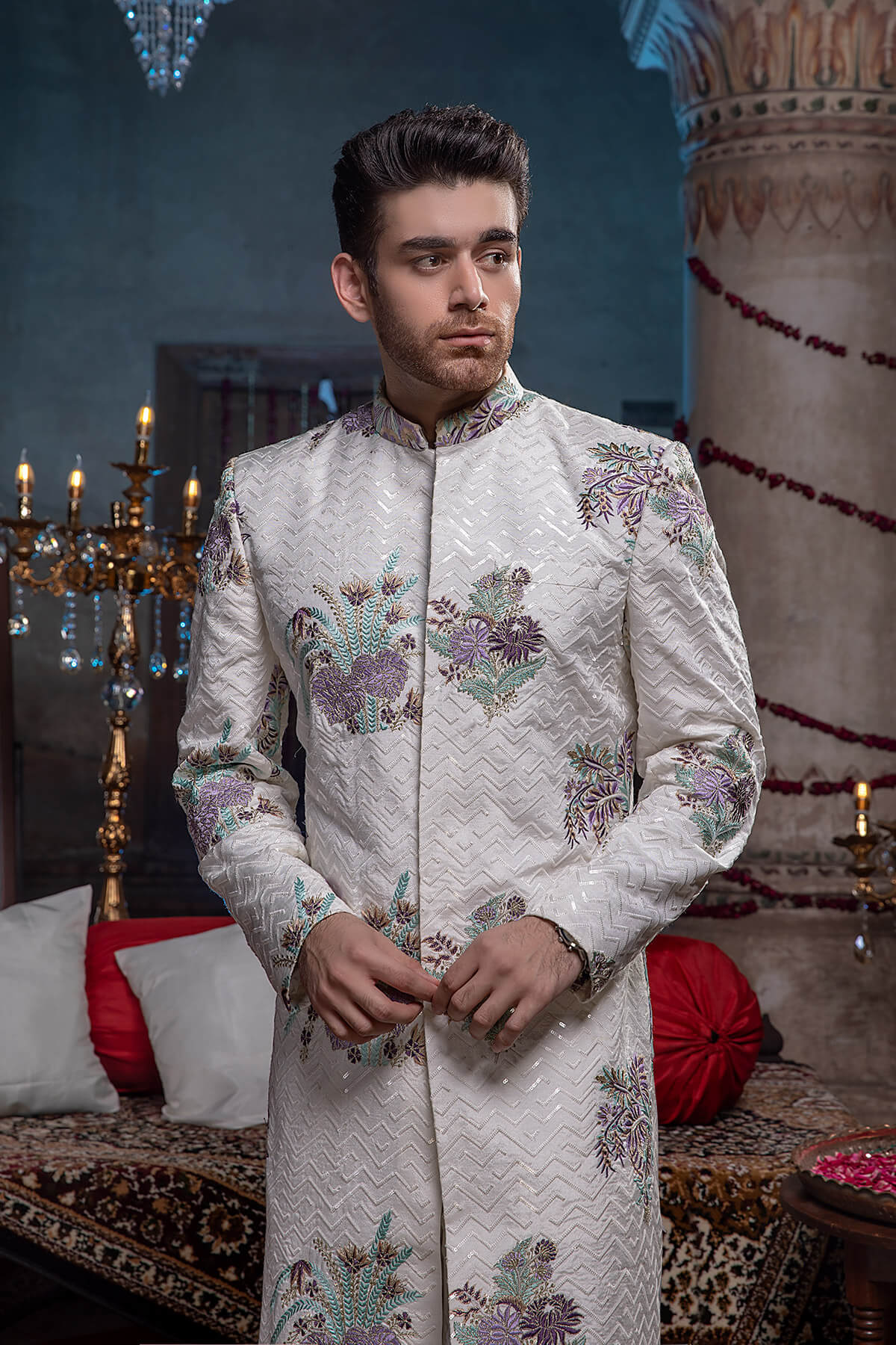 Ivory Tilla & Resham Silk Sherwani (2-Piece) - Image 3