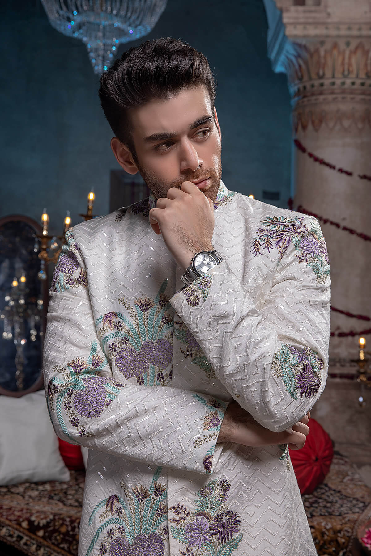 Ivory Tilla & Resham Silk Sherwani (2-Piece) - Image 4