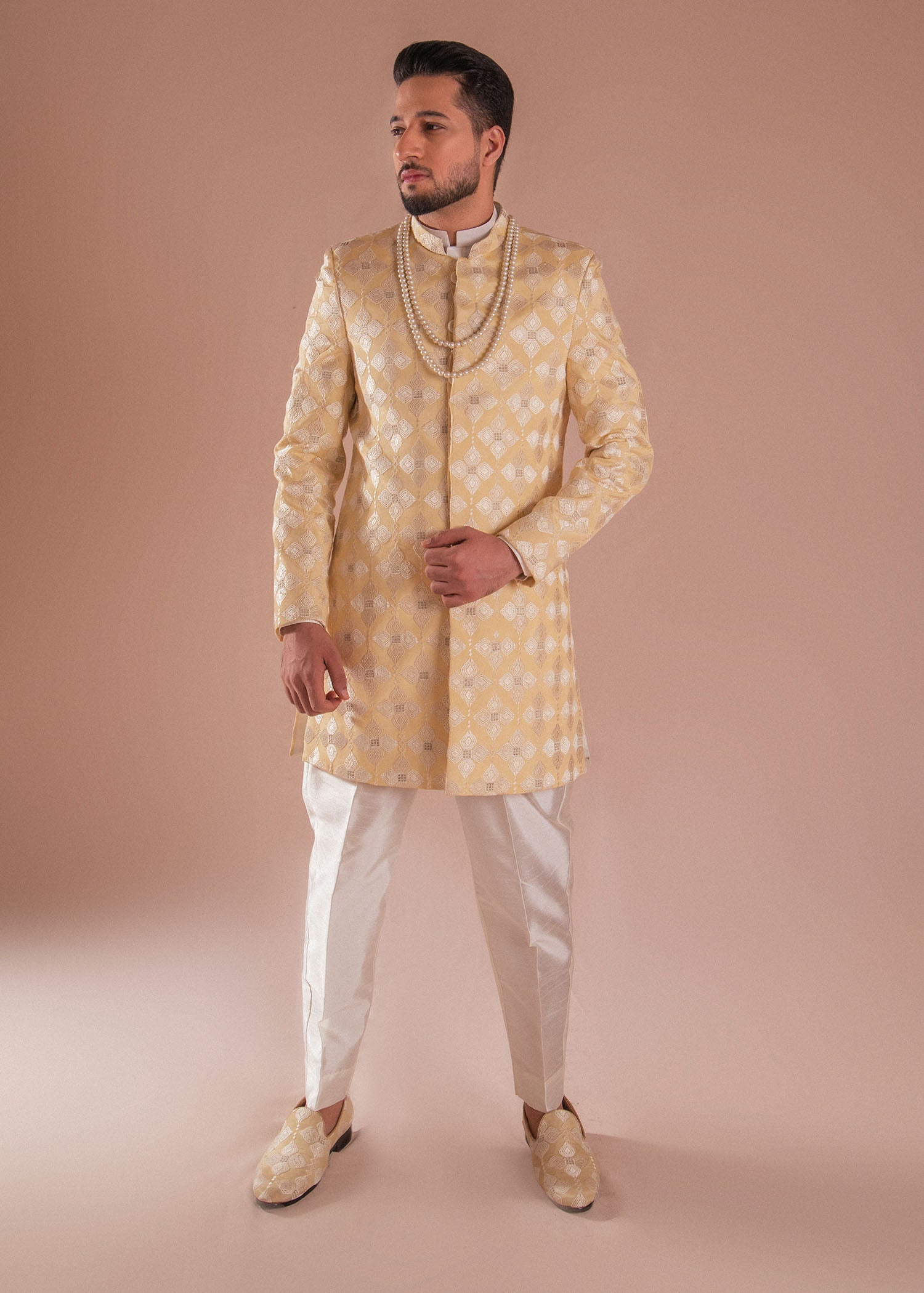Off-White Embroidered Silk Achkan Sherwani (2-Piece) - Image 1