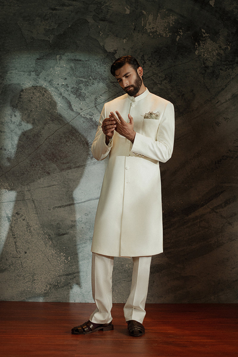 Off-White Suiting Quaid-Style Achkan Sherwani (2-Piece) - Image 9