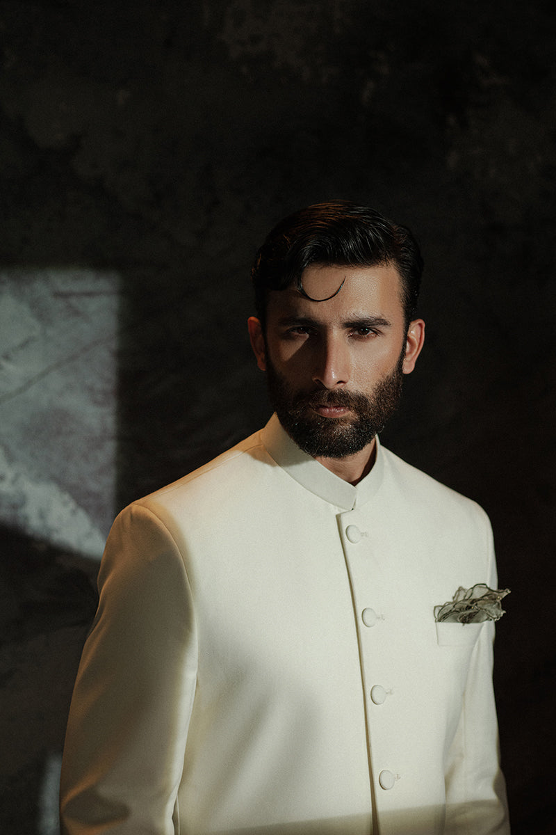 Off-White Minimalist Suiting Achkan Sherwani (2-Piece) - Image 4