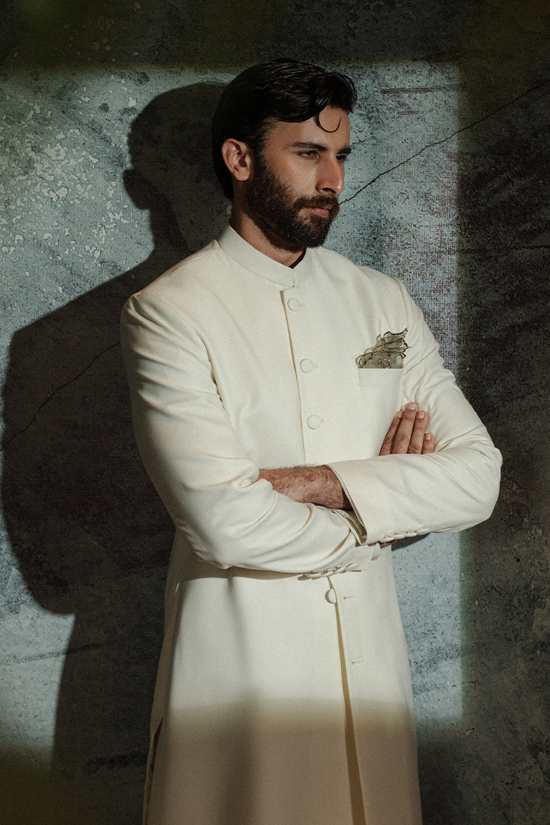 Off-White Suiting Fabric Achkan Sherwani (2-Piece) - Image 6