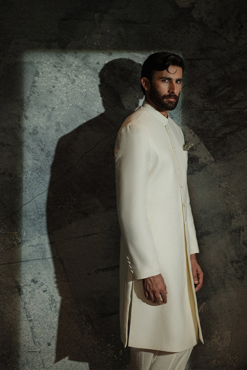Off-White Suiting Fabric Achkan Sherwani (2-Piece) - Image 8