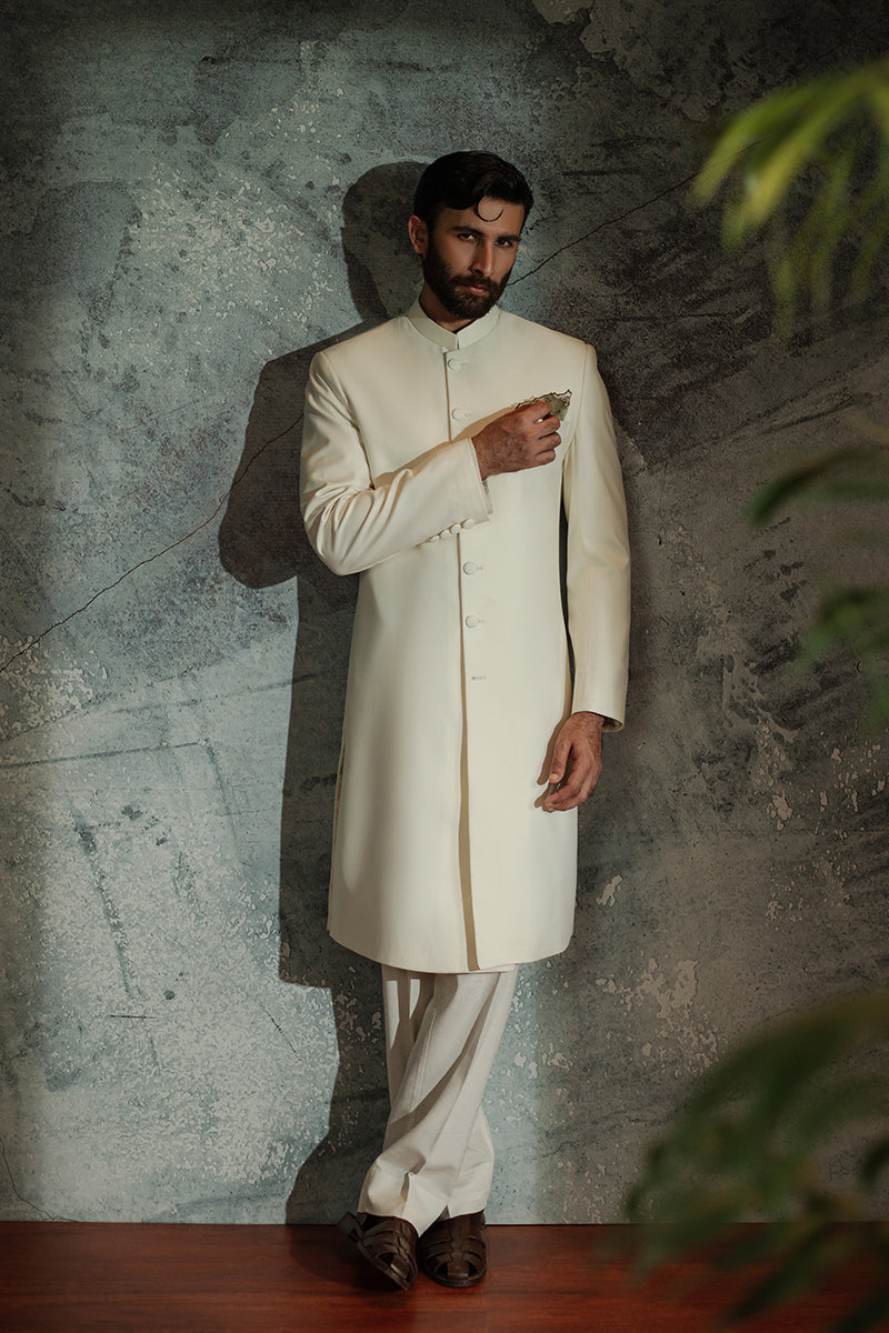 Off-White Minimalist Suiting Achkan Sherwani (2-Piece) - Image 3