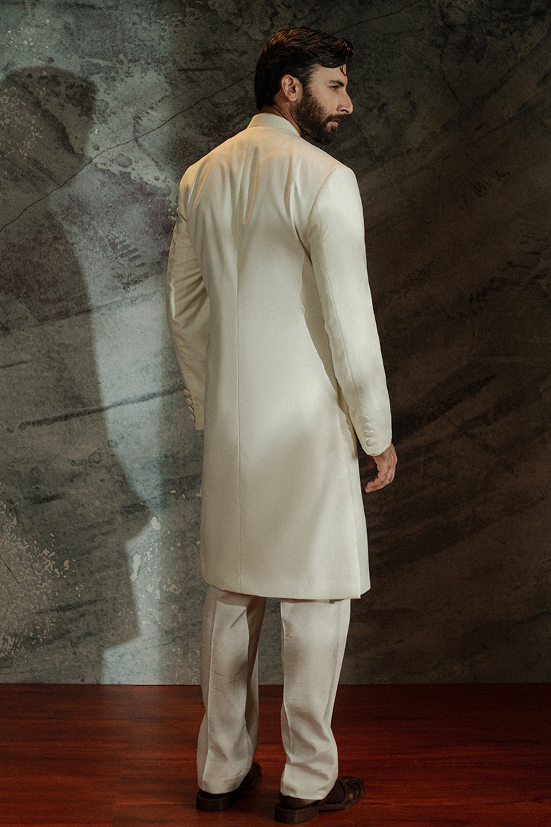 Off-White Minimalist Suiting Achkan Sherwani (2-Piece) - Image 7