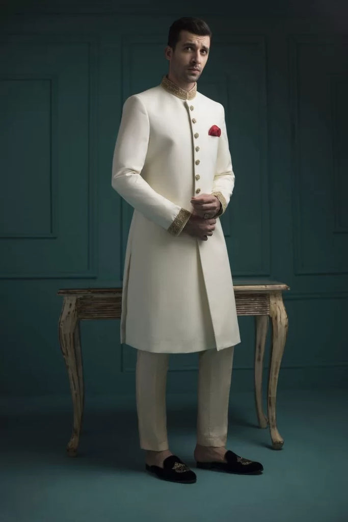 Off White Gold Handwork Vitale Suiting Sherwani (3-Piece) - Image 1