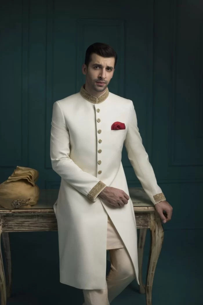 Off White Gold Handwork Vitale Suiting Sherwani (3-Piece) - Image 4