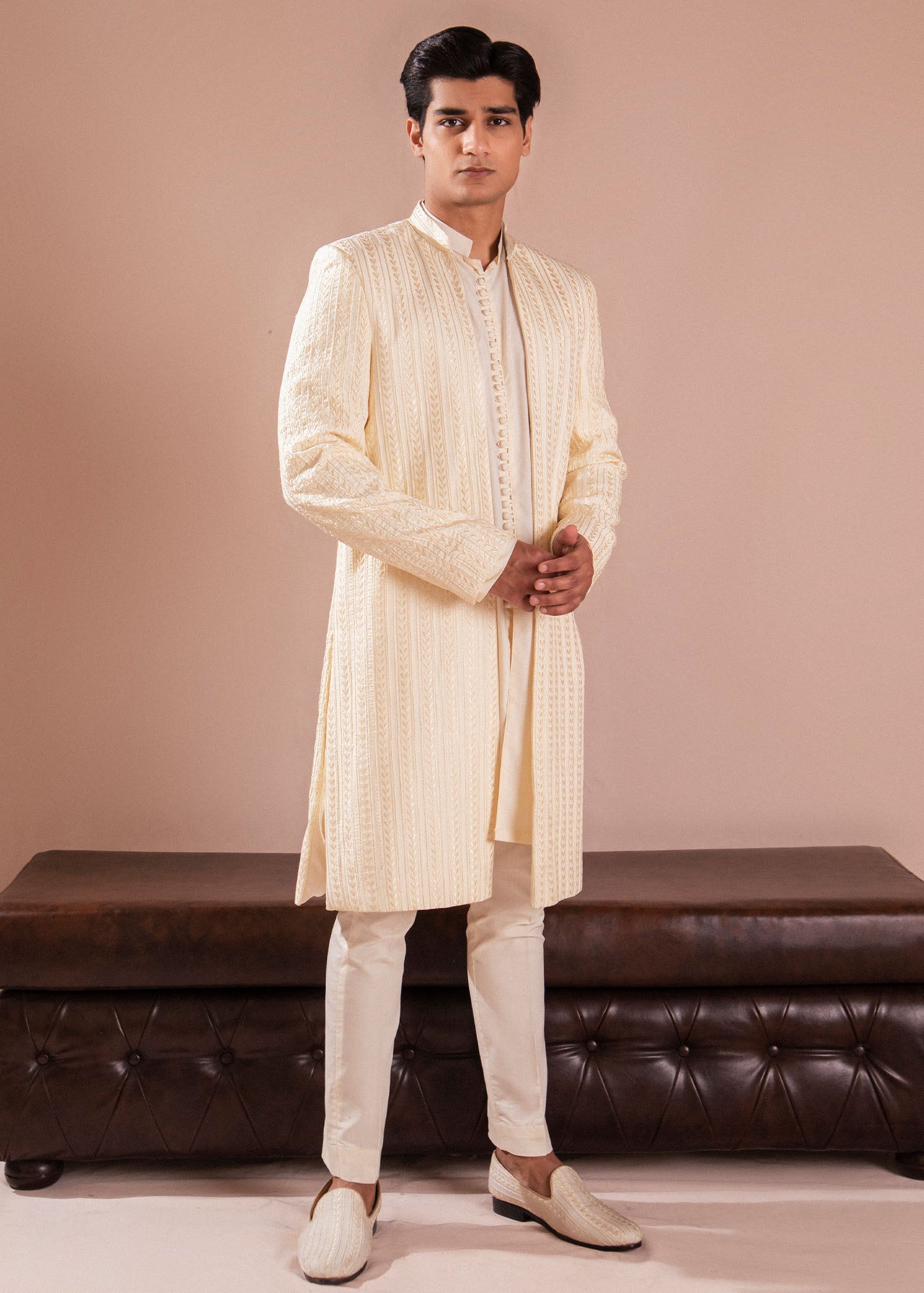 Off-White Embroidered Wash & Wear Achkan Sherwani (3-Piece) - Image 1
