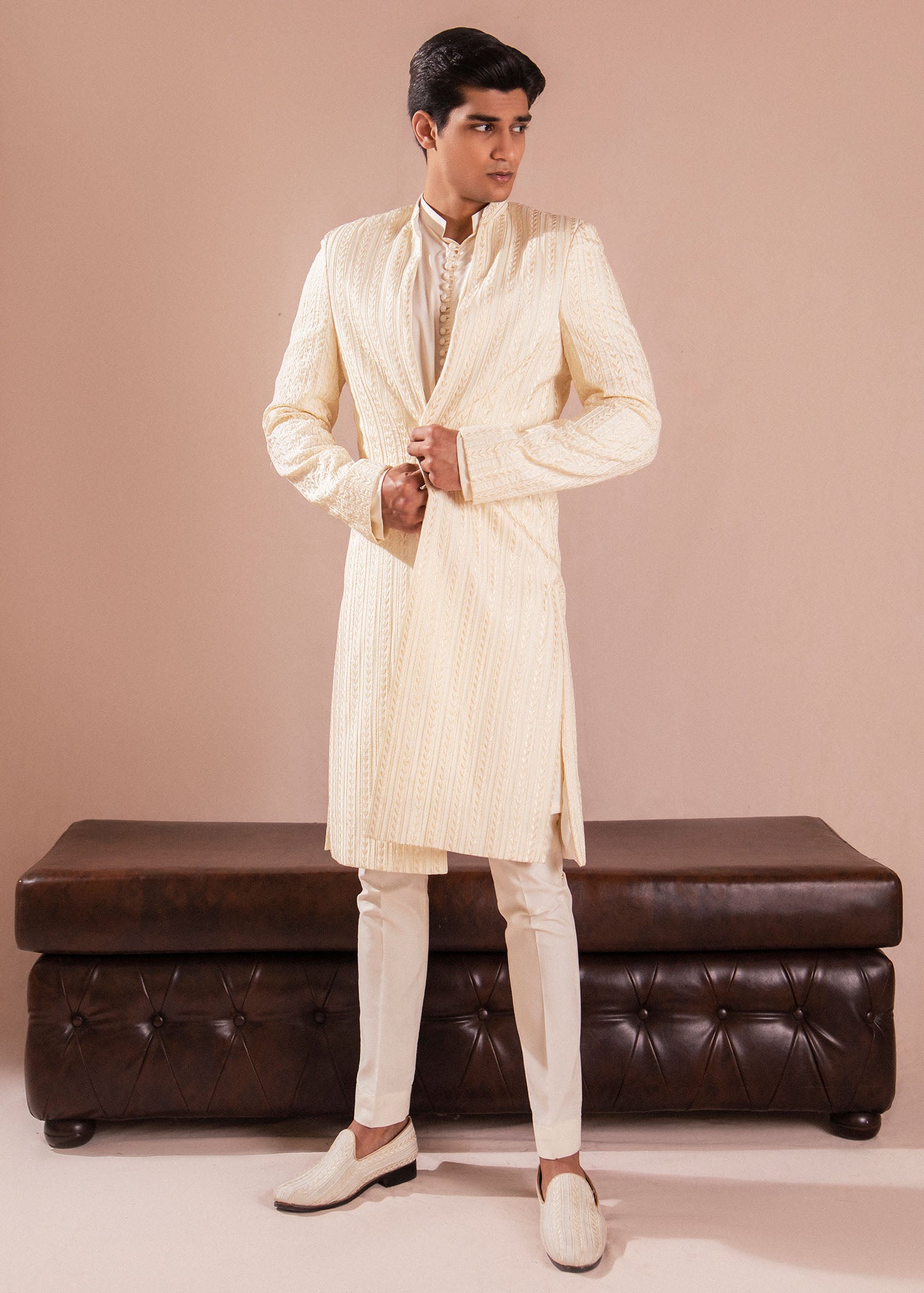Off-White Embroidered Wash & Wear Sherwani (3-Piece) - Image 4