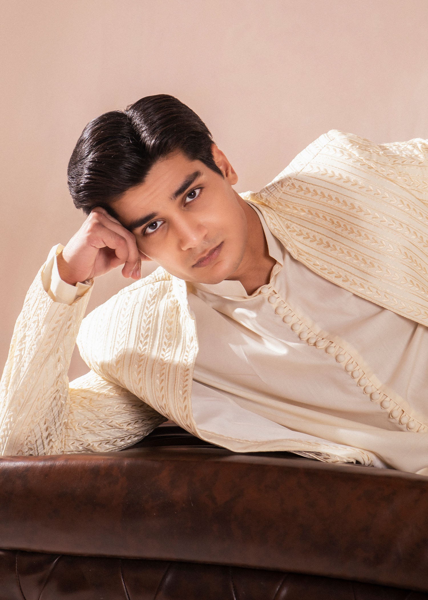 Off-White Embroidered Wash & Wear Sherwani (3-Piece) - Image 3