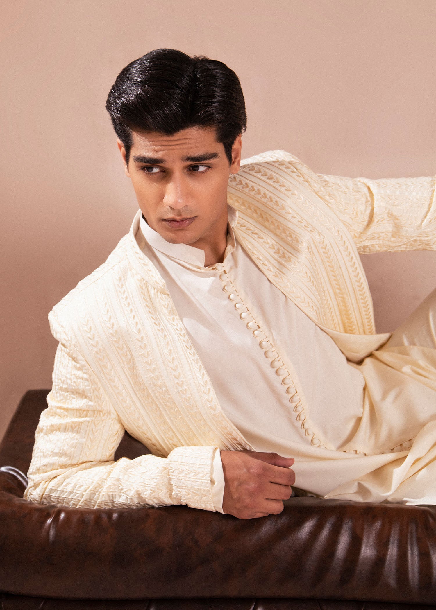 Off-White Embroidered Wash & Wear Sherwani (3-Piece) - Image 4
