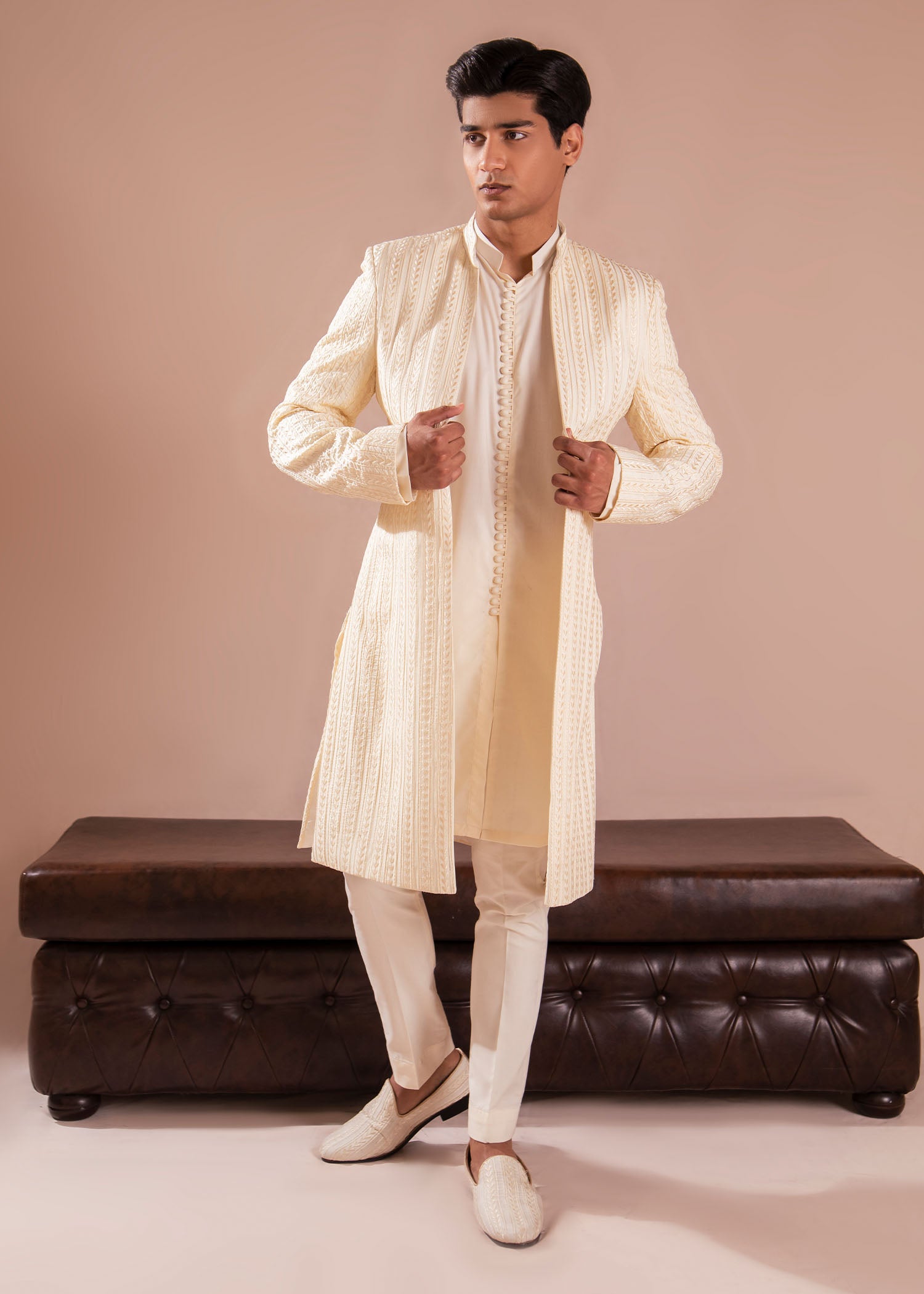 Off-White Embroidered Wash & Wear Sherwani (3-Piece) - Image 6