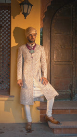 Ivory Kasab Embroidered Taffeta Silk Achkan (3-Piece) - Image 6