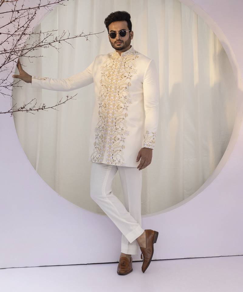 Ivory Zardozi Wool-Cotton Achkan (2-Piece) - Image 1