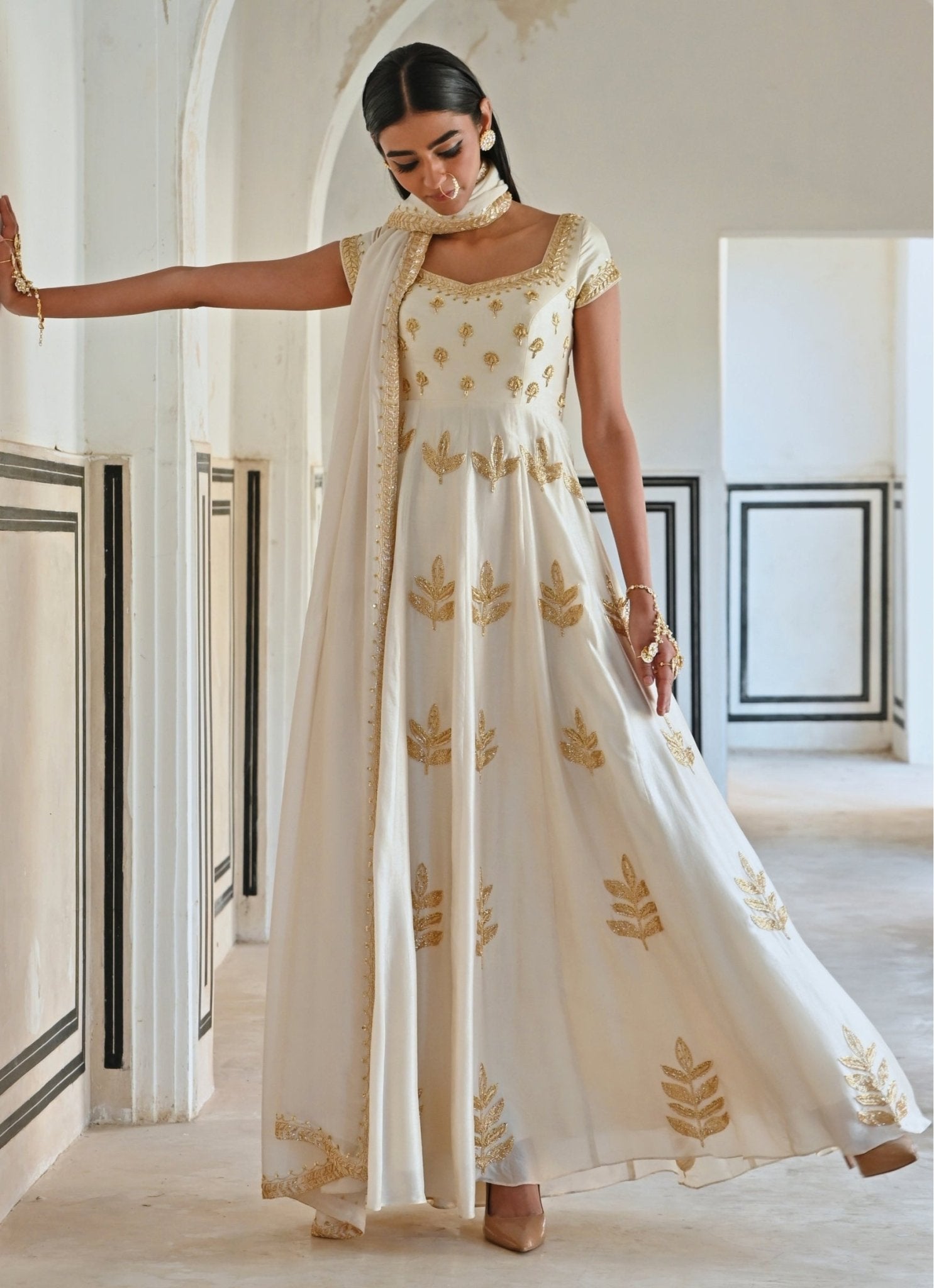 Ivory Floral Embroidered Silk Anarkali (2-Piece) - Image 1