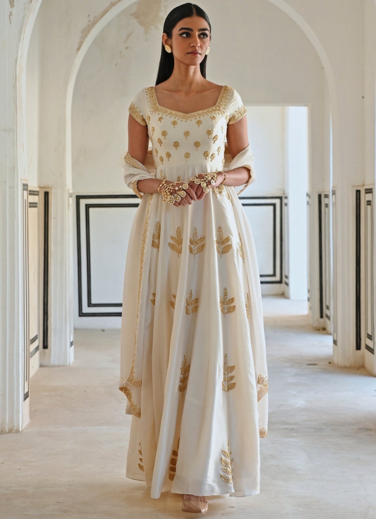 Ivory Floral Embroidered Silk Anarkali (2-Piece) - Image 2